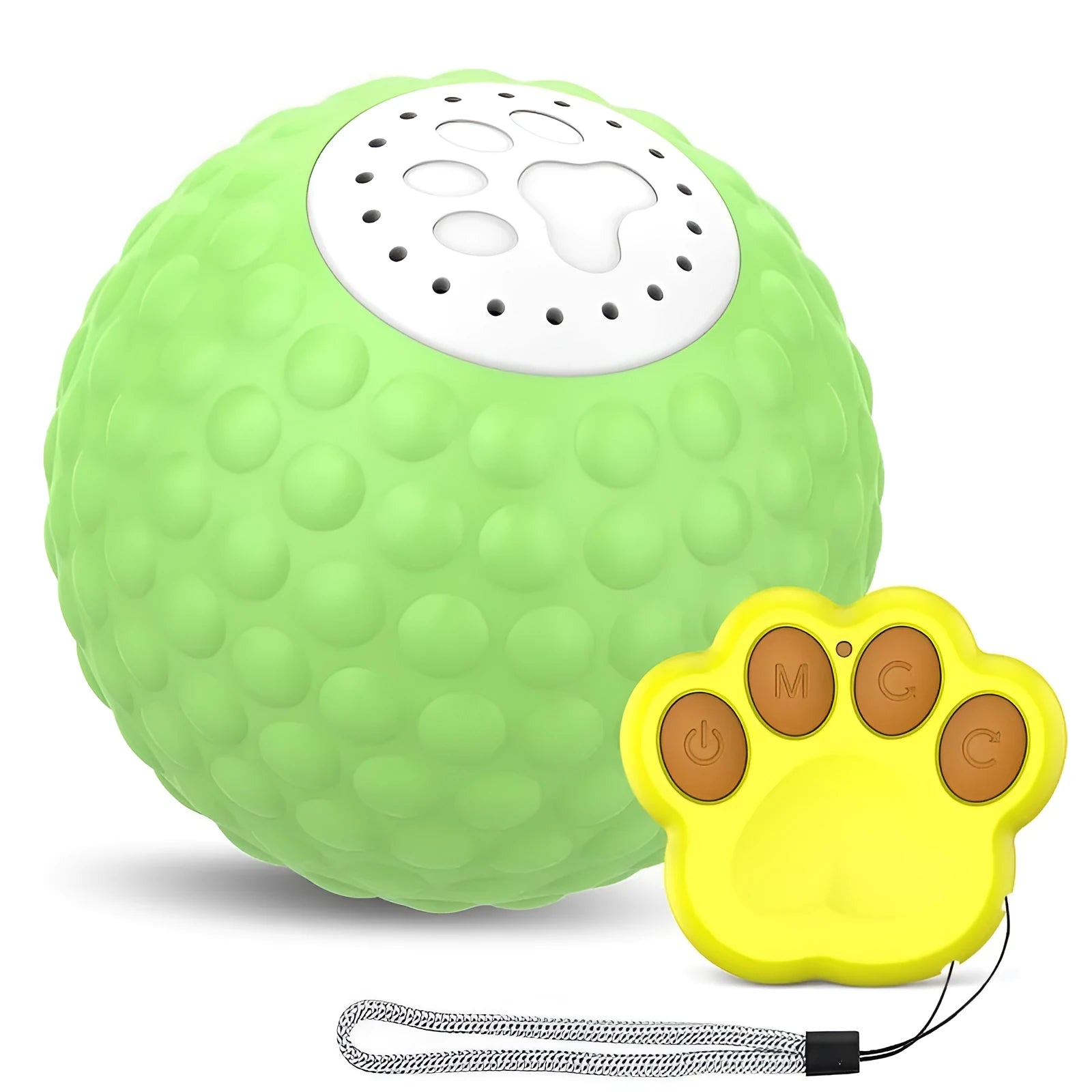 Blue smart interactive cat toy ball with remote control on a wooden floor