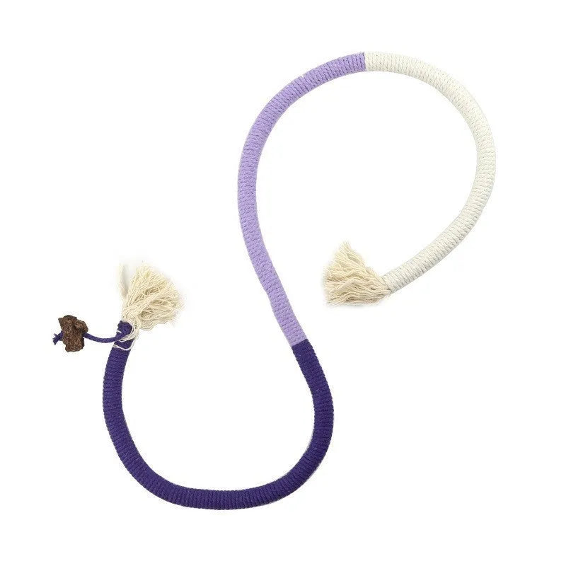 70cm long cat chew rope toy in three colours: purple, orange, and red with green, made from cotton string