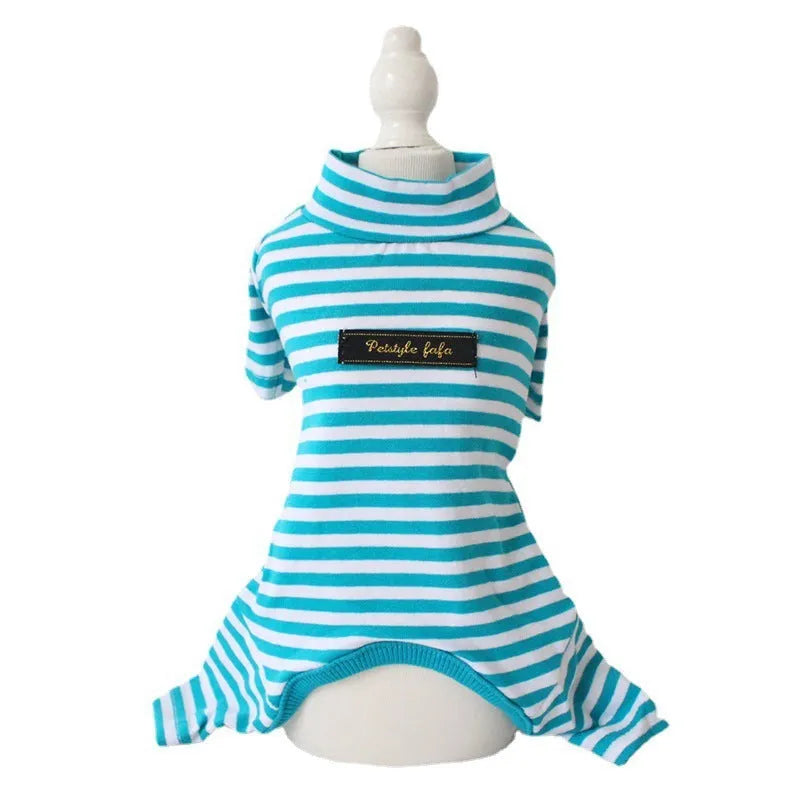 Cotton eight-color striped pet leggings for dogs and cats in black, blue, red, and green tones