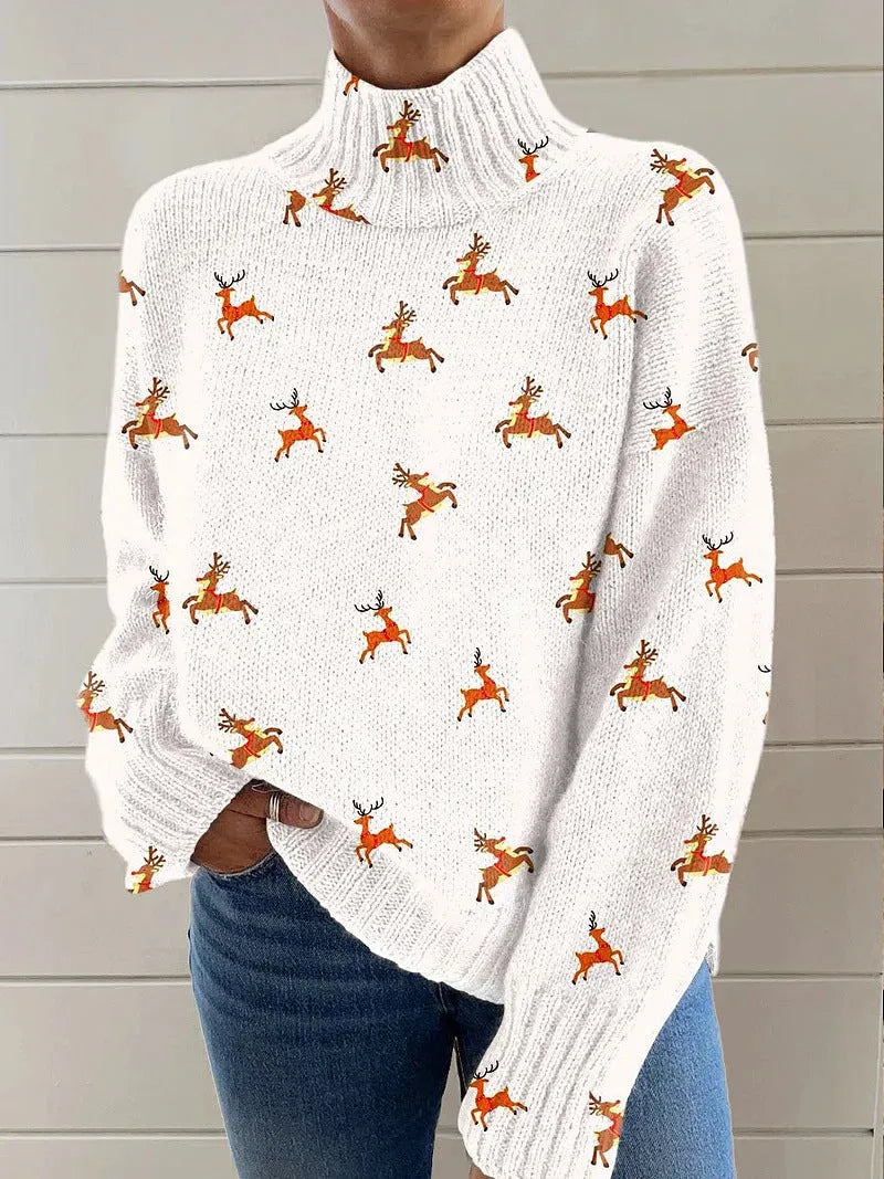 Women's Christmas printed turtleneck sweater in loose fit with festive design