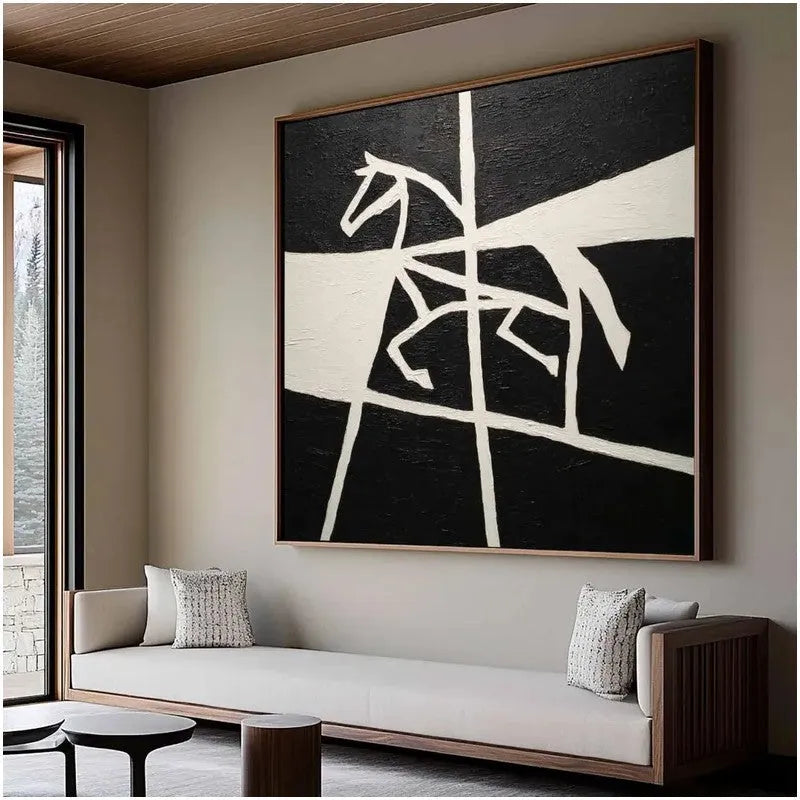 Handmade black and white horse oil painting on square canvas, unframed, for living room wall decor