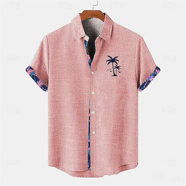 Linen short-sleeved casual shirt with a printed ocean fish pattern, shown in a loose fit.
