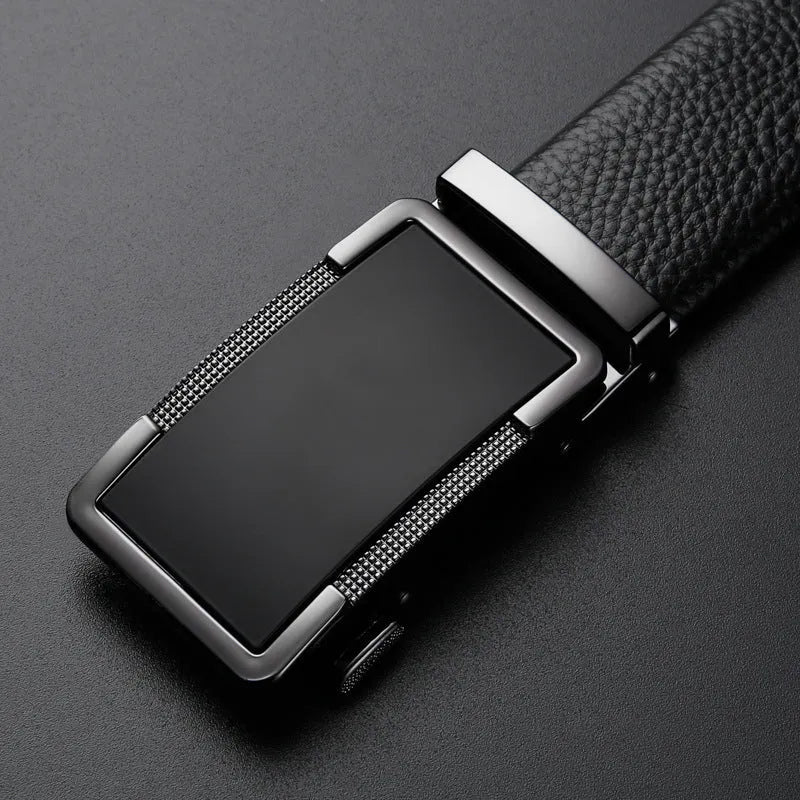 Men's leather automatic click buckle belt in gun black, silver, or gold colour
