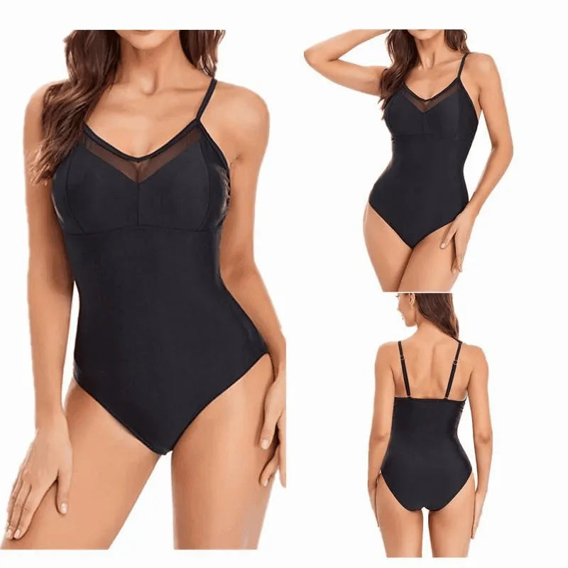 Ladies' solid black backless one-piece swimsuit made from polyester and spandex fabric