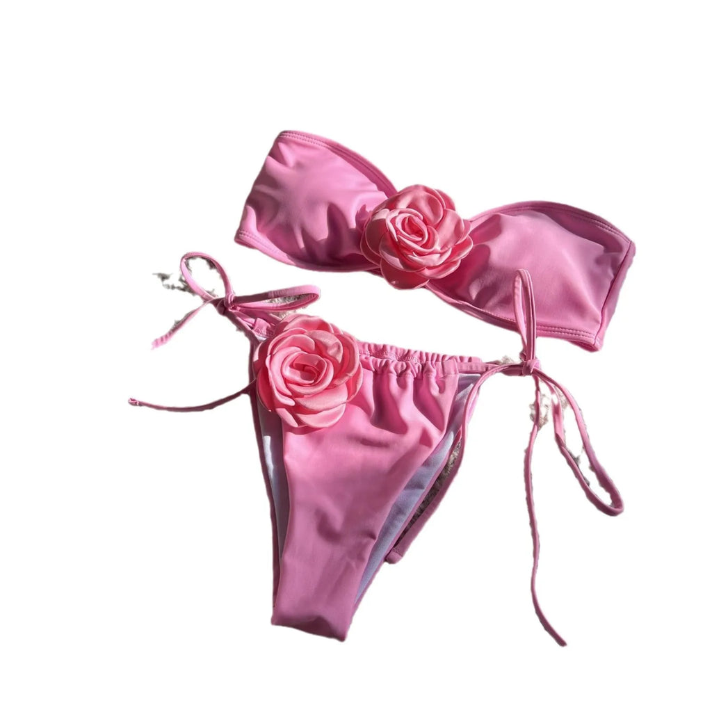 Women's solid colour drawstring tube top and bikini brief swimsuit set on a mannequin.
