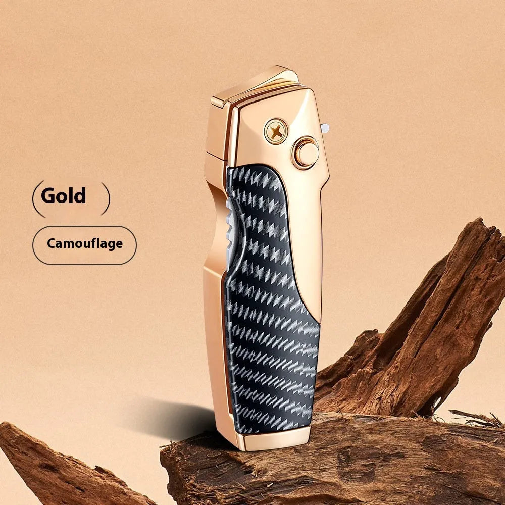 Metal folding lighter with integrated pocket knife tool in a wood grain finish.