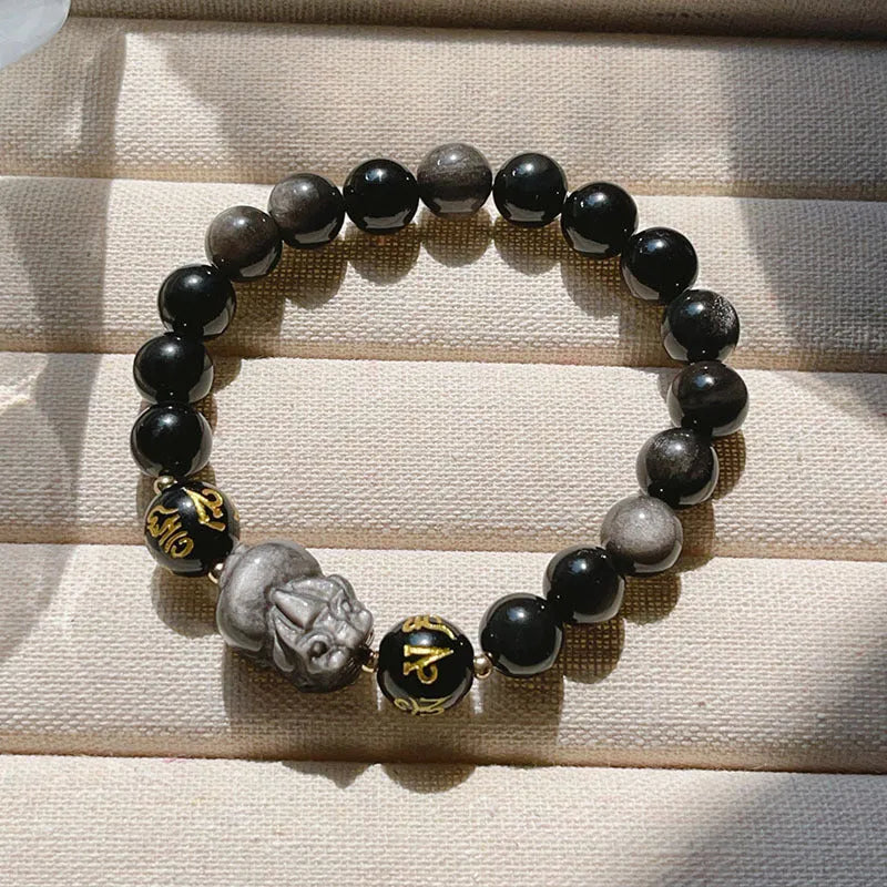 Handcrafted silver stone bracelet for men with Chinese zodiac proverbs on beads