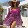 Women's striped three-piece swimsuit with mesh jacket in blue, green, orange, pink, rose red, white, yellow