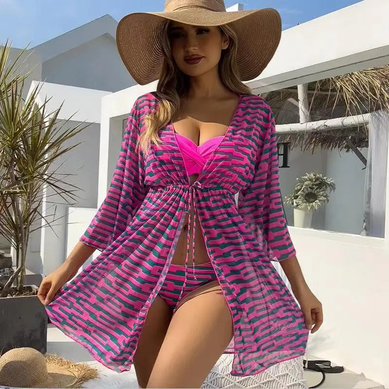 Women's striped three-piece swimsuit with mesh jacket in blue, green, orange, pink, rose red, white, yellow