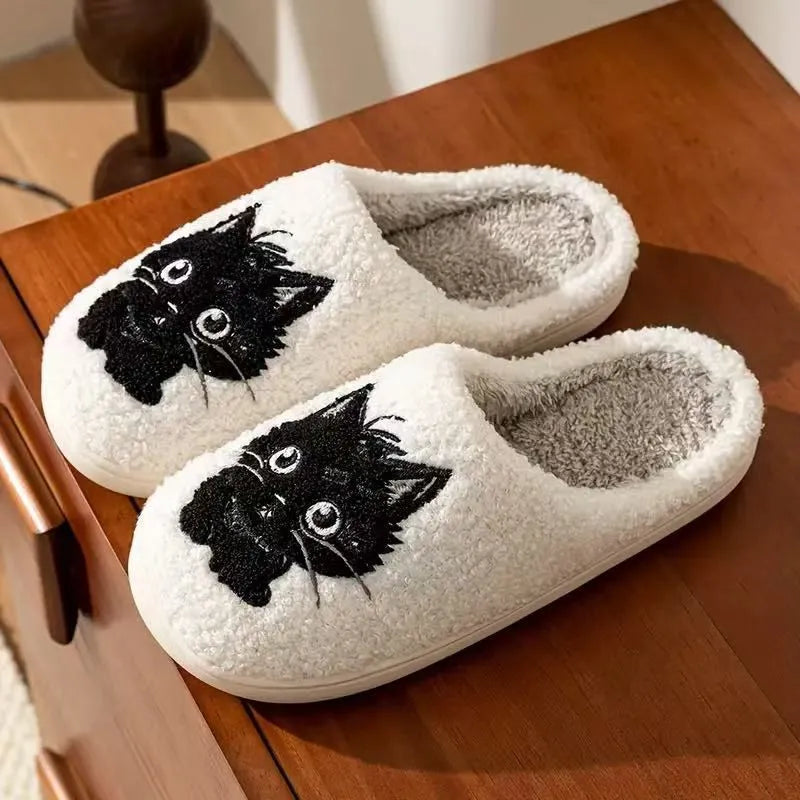 White plush cotton couple slippers with black beard cat cartoon design and non-slip TPR soles