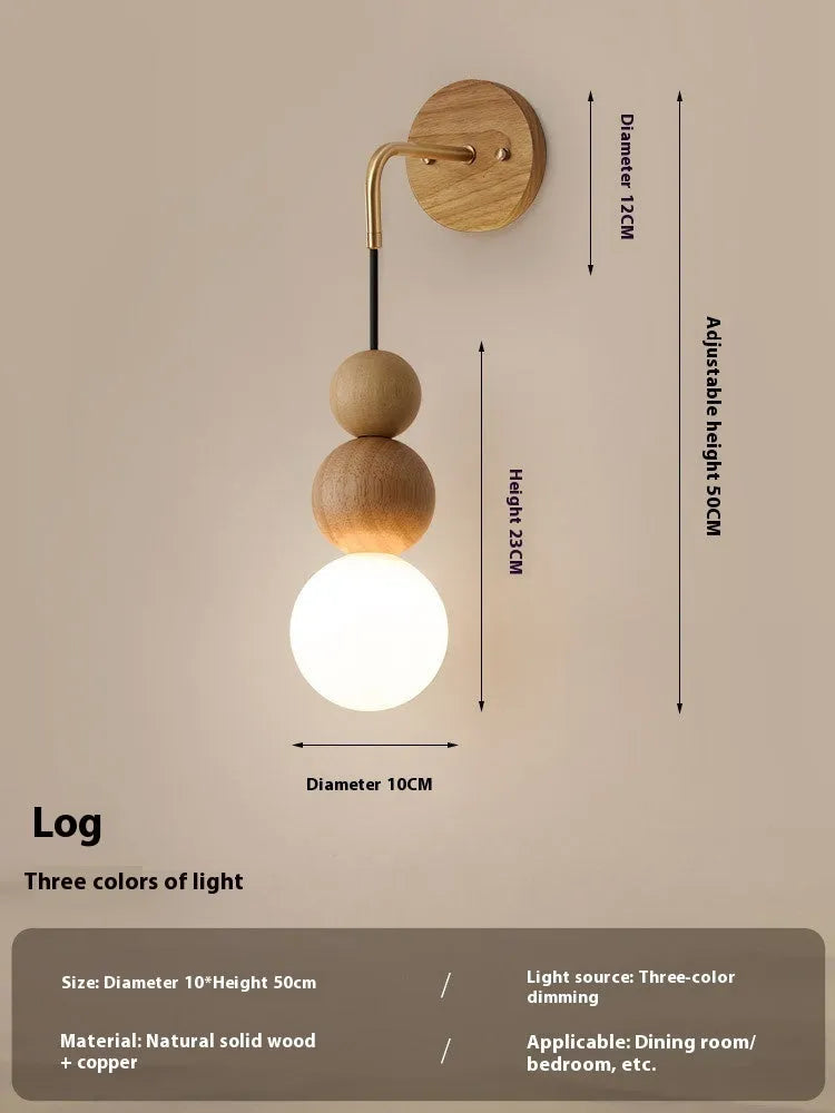 Wood copper wall lamp with tricolour lighting for living room or bedroom walls