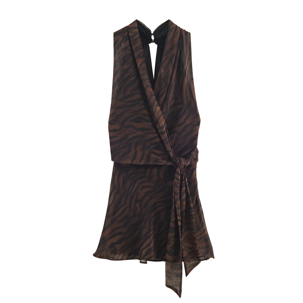 Animal print double breasted mini dress with asymmetric pleated skirt and long sleeves