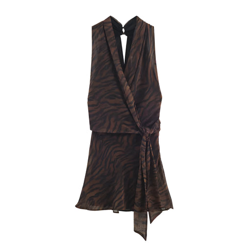 Animal print double breasted mini dress with asymmetric pleated skirt and long sleeves