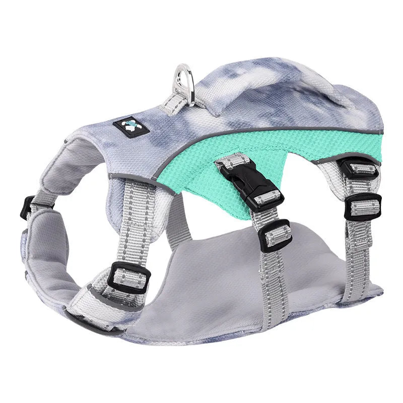 Reflective light blue dog harness chest strap shown on a canine mannequin.