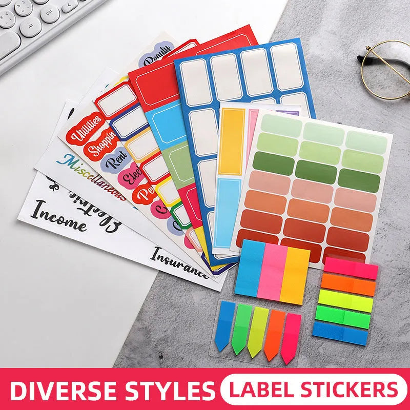 Handwritten label indicating adhesive stickers in white with multiple grid formats and colour options