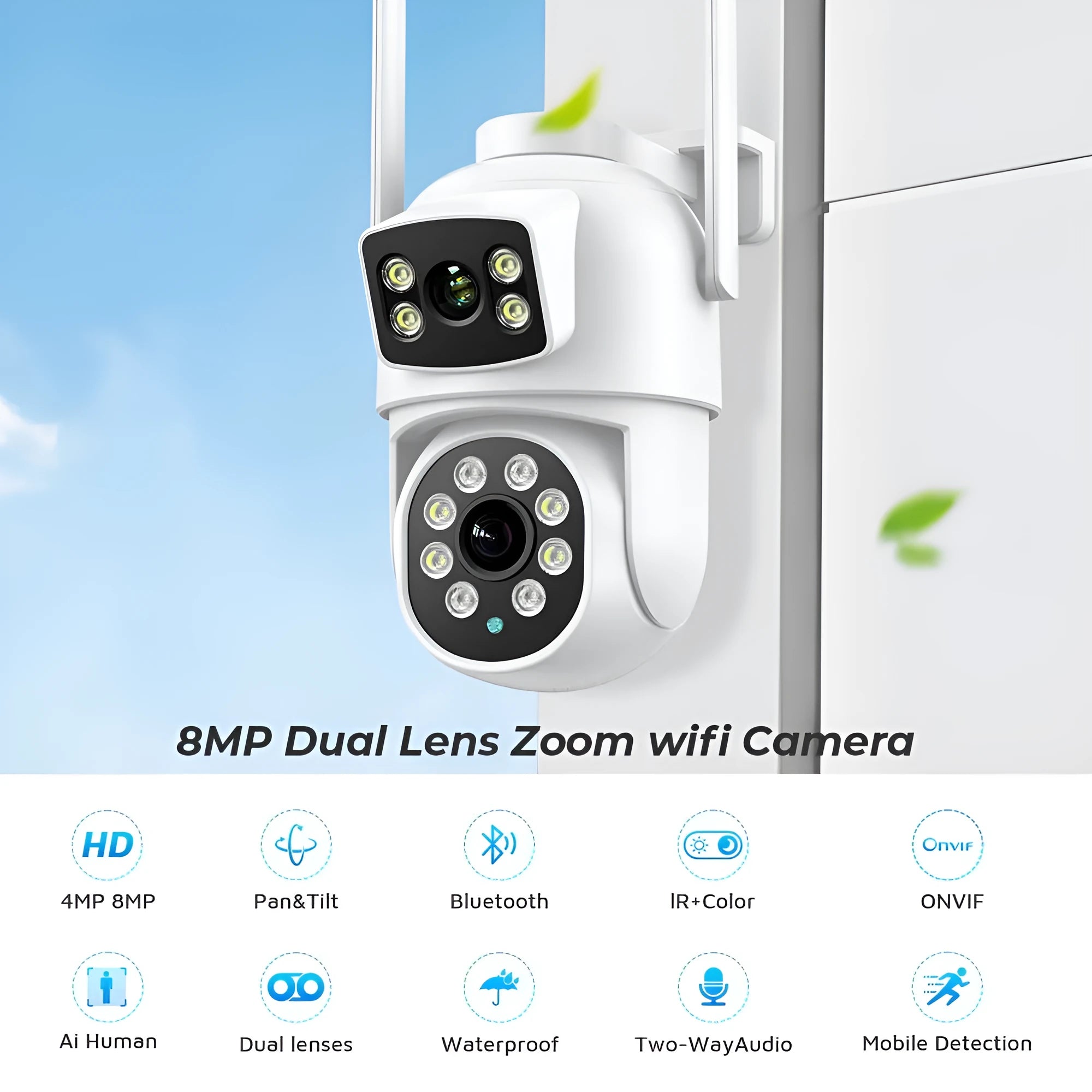White icsee 600W wireless surveillance camera with dual lens gun ball linkage design and bracket
