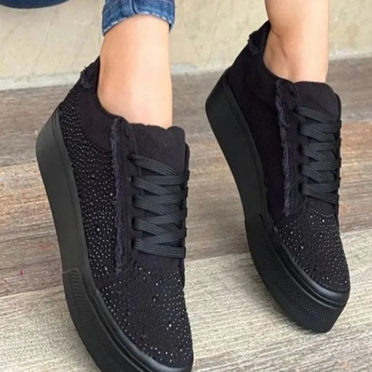 Plus size women's black casual shoes with thick rubber sole, lace-up front and rhinestone decoration