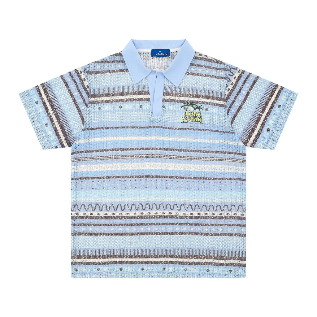 Men's loose fit printed short sleeve shirt in blue or yellow with elastic polyester fabric