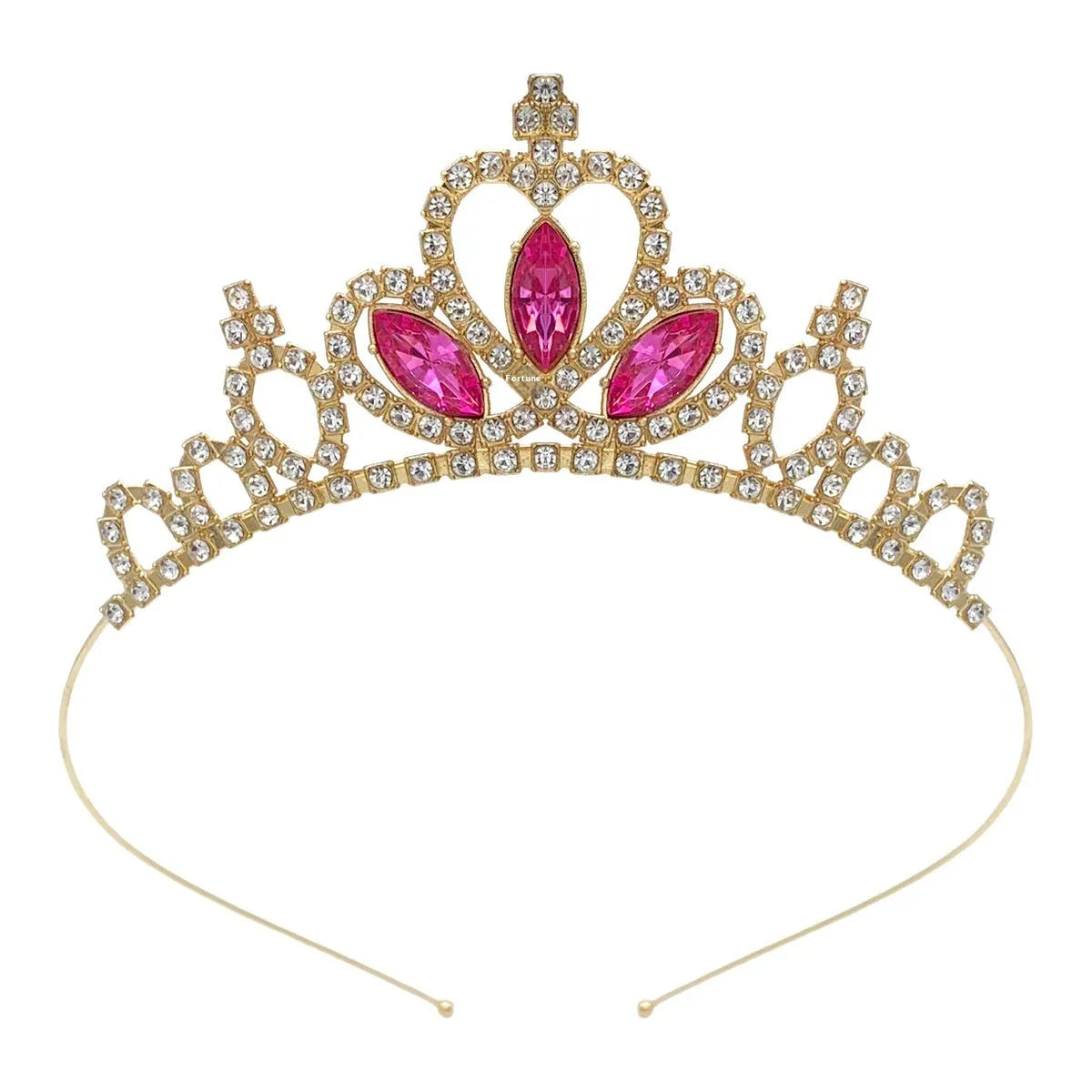 Gold and silver electroplated alloy princess crown headdress for girls with coloured diamond embellishments.