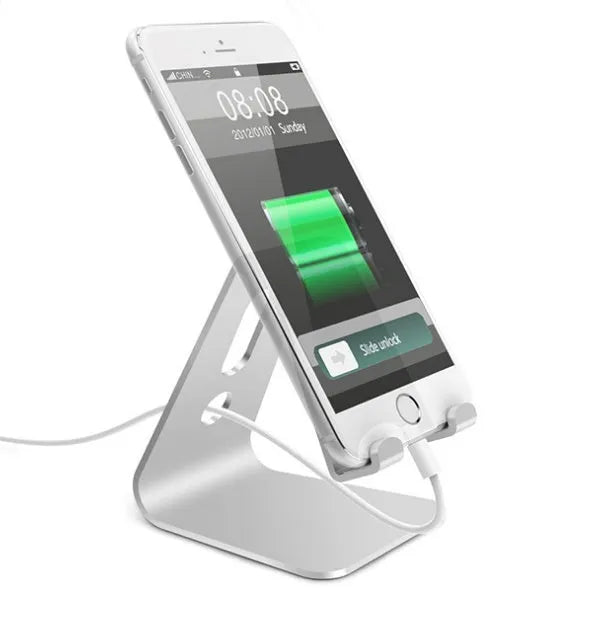 Metal aluminium alloy phone stand holding a mobile phone, available in black, red, rose gold, and silver colours
