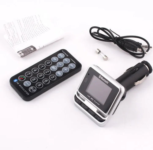 Silver Car Bluetooth MP3 player with monochrome screen and ABS plastic shell for vehicle use