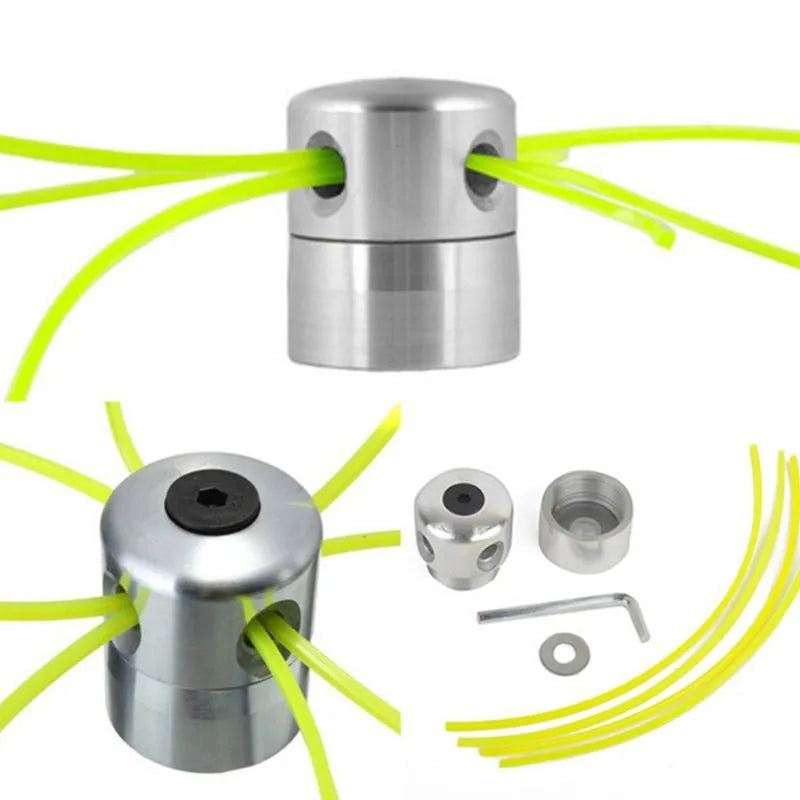 Silver aluminium grass trimmer head with four light yellow square strings for lawn mower accessories