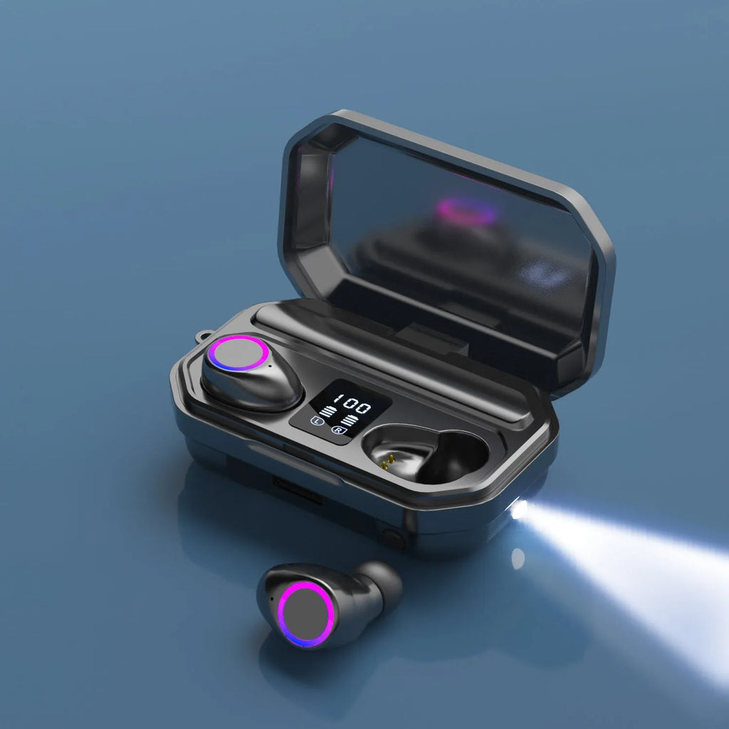 Black and white wireless Bluetooth headset with charging cabin showing LED power display