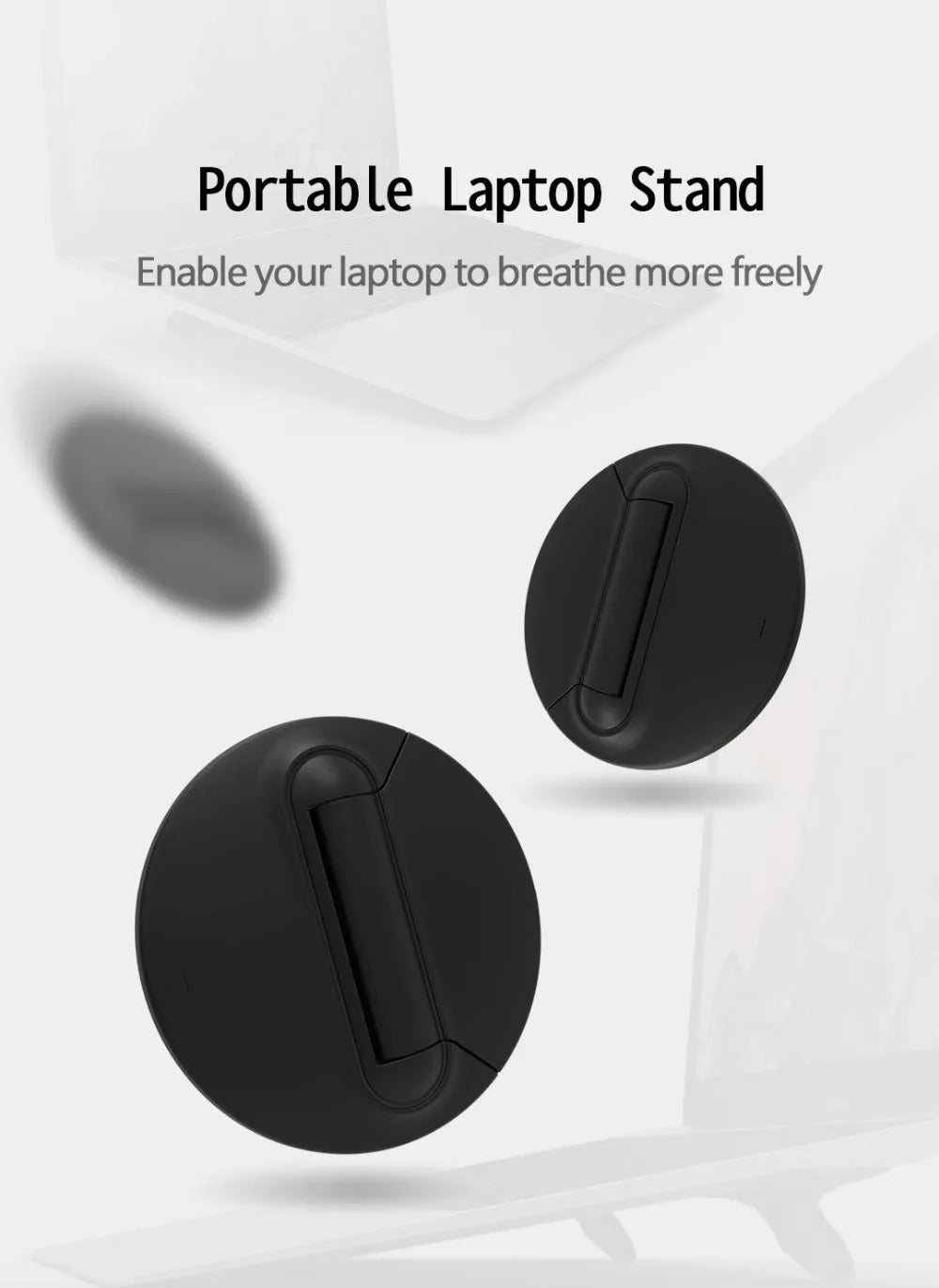 Black ABS mini laptop stand, 50x50x6.5mm, portable invisible design