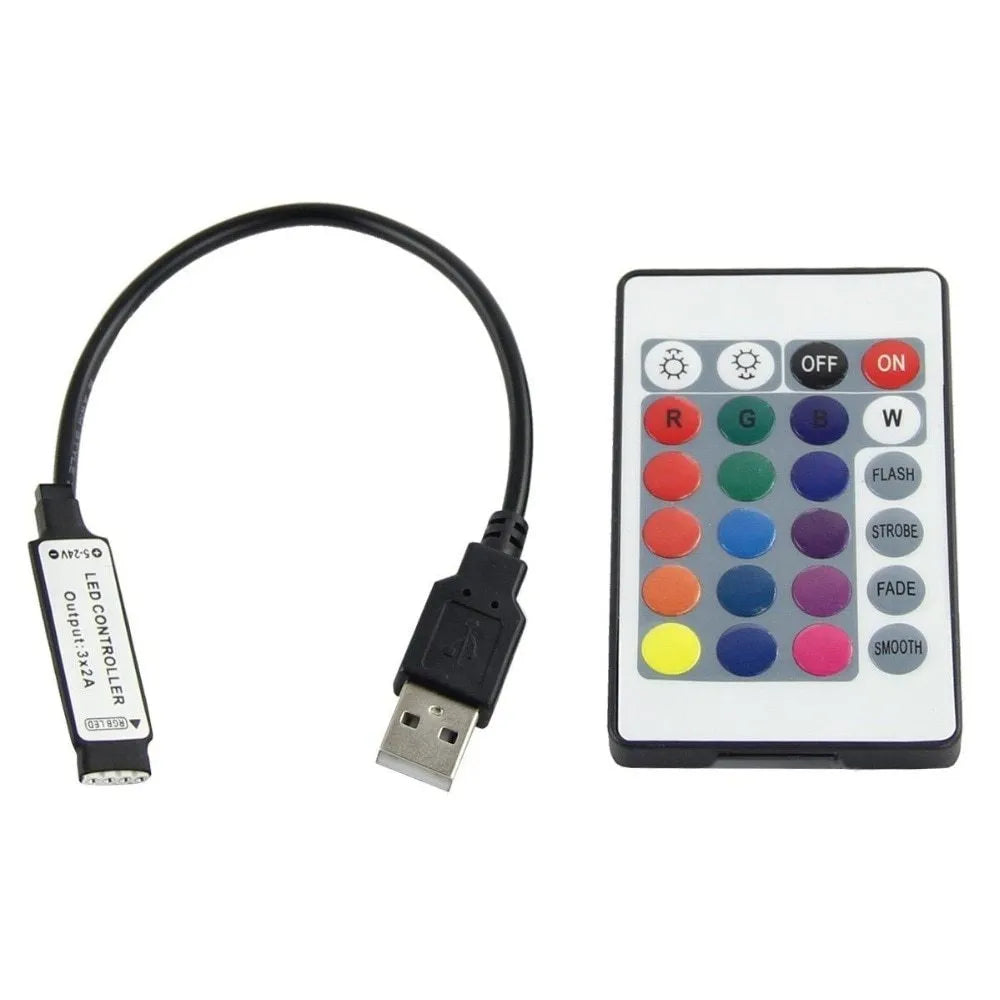 1 metre long USB LED light strip with attached cable, available in six colour options including white, blue, and red.