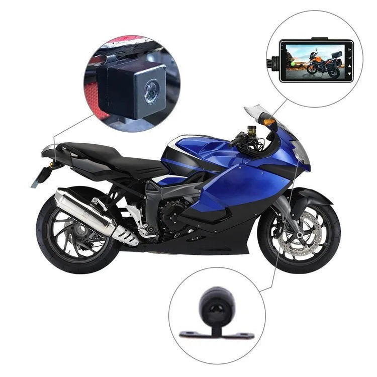 Black motorcycle dash cam with dual lenses and 3-inch screen mounted on handlebars