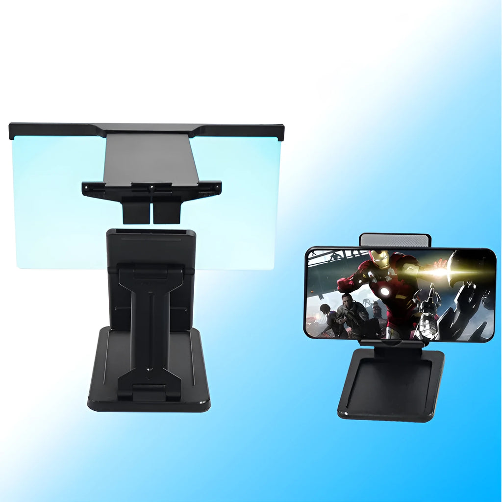 Black L20 mobile phone screen magnifier with 12-inch acrylic lens and folding ABS stand on a table.
