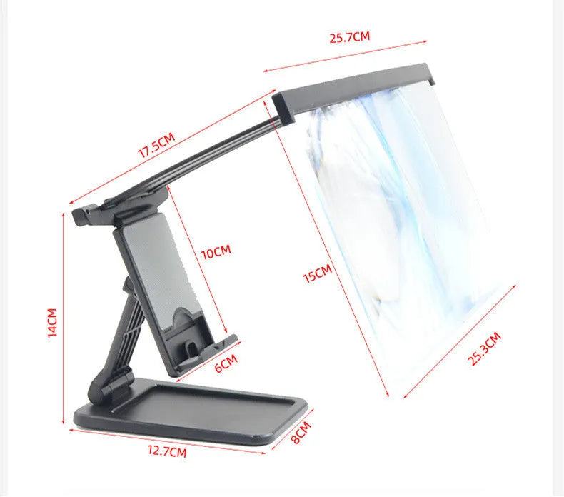 Black L20 mobile phone screen magnifier with 12-inch acrylic lens and folding ABS stand on a table.