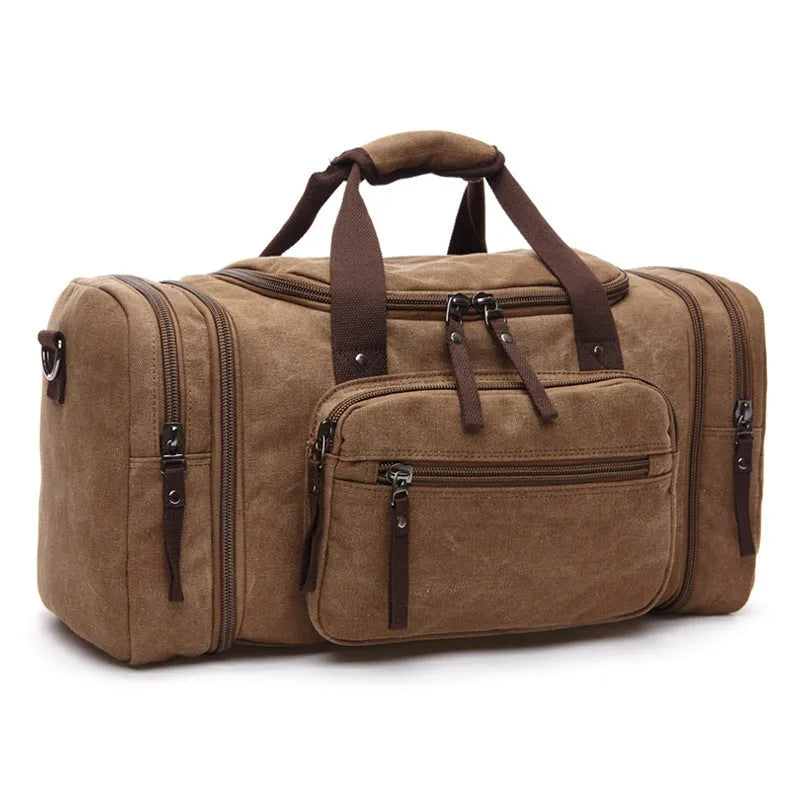 Canvas messenger backpack in khaki with expandable width from 53cm to 58cm and internal zip pockets
