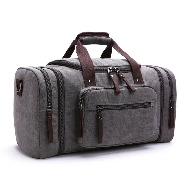 Canvas messenger backpack in khaki with expandable width from 53cm to 58cm and internal zip pockets