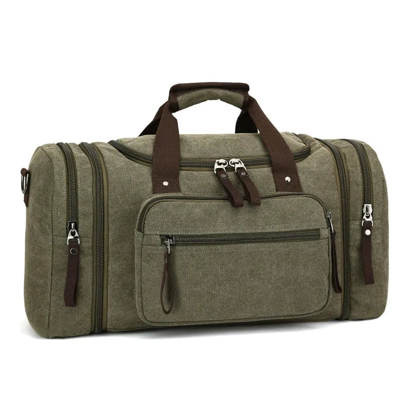 Canvas messenger backpack in khaki with expandable width from 53cm to 58cm and internal zip pockets