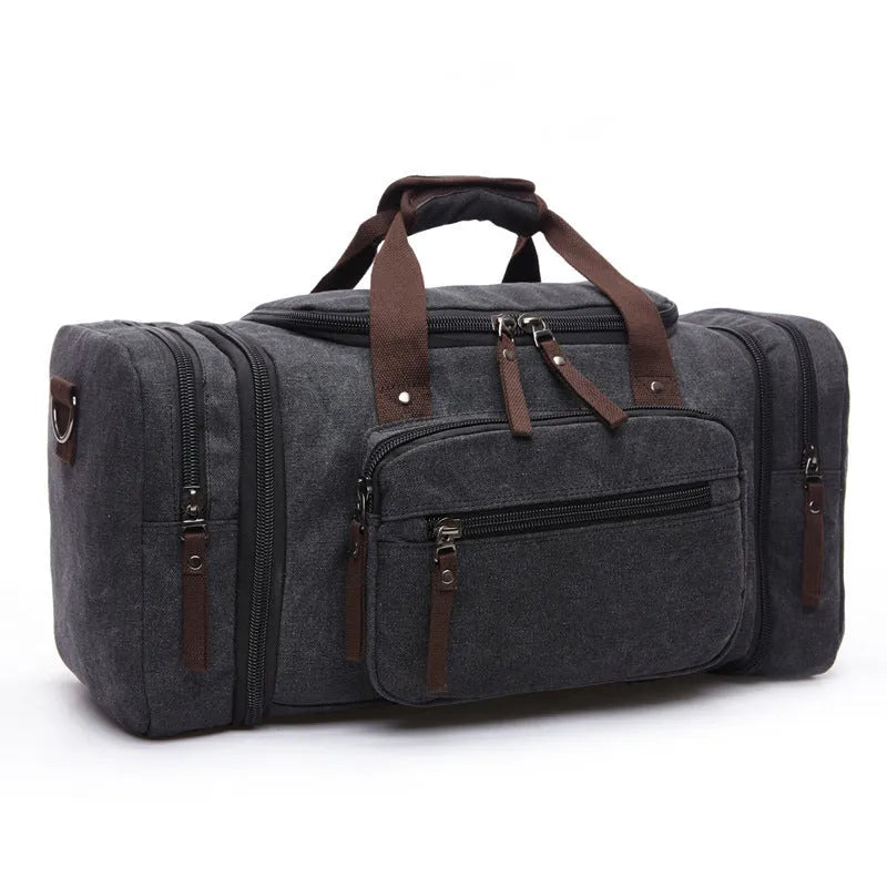 Canvas messenger backpack in khaki with expandable width from 53cm to 58cm and internal zip pockets