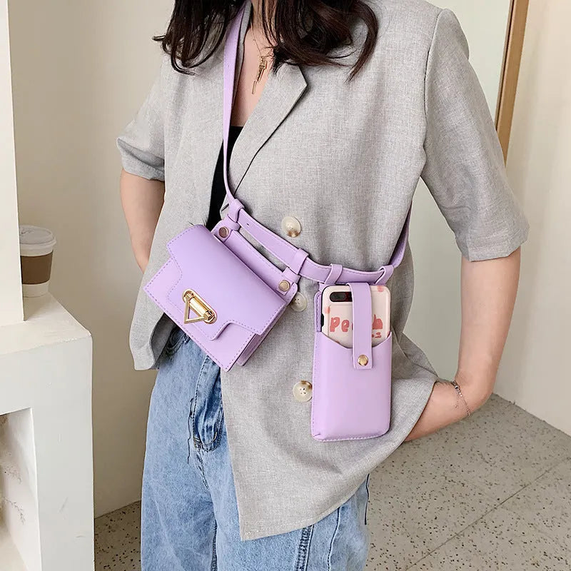 Small square PU women's crossbody chest belt bag in black with colour contrast detailing and magnetic button closure