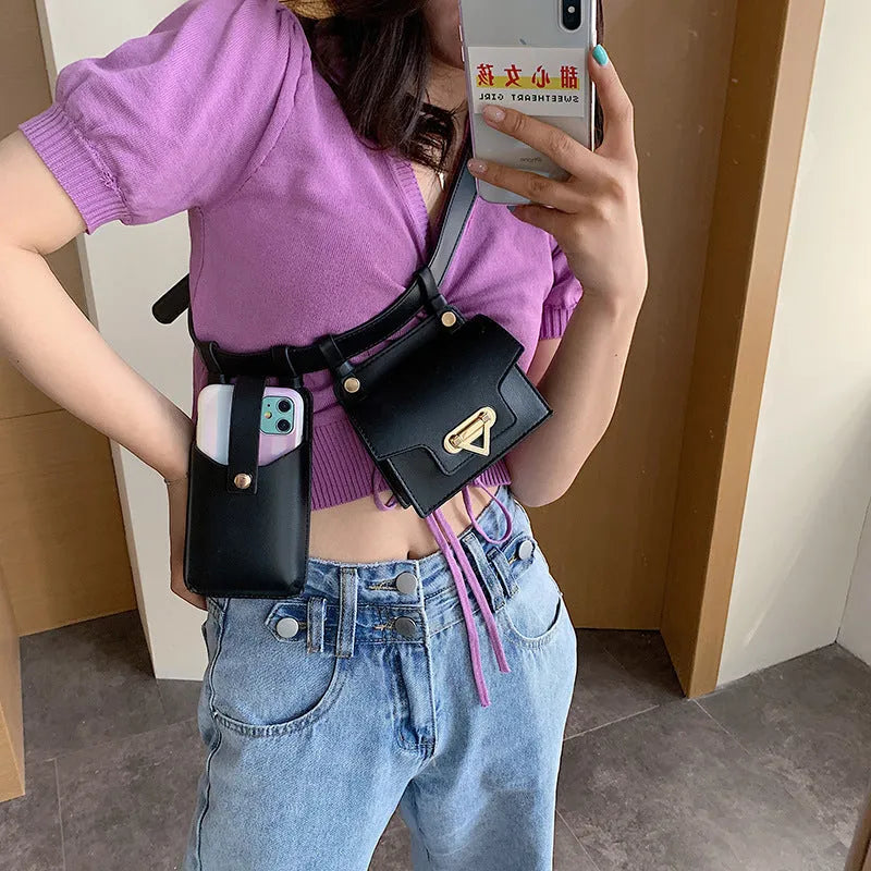 Small square PU women's crossbody chest belt bag in black with colour contrast detailing and magnetic button closure