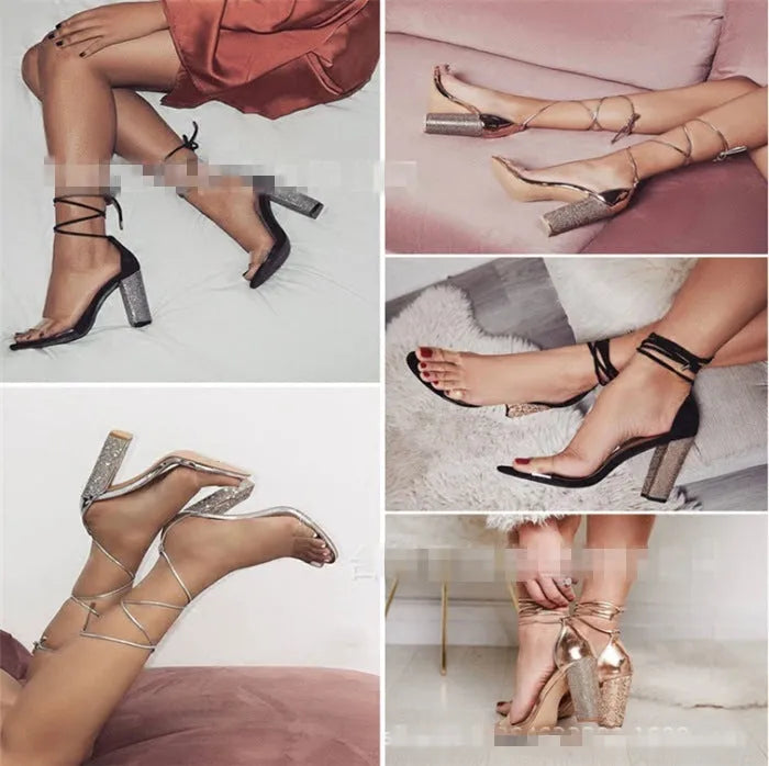 Plastic pointed-toe high heels in black and gold colours showing European sizing options