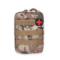 Army green nylon tactical medical accessory pouch with hook-and-loop fastening, shown next to a tape measure.