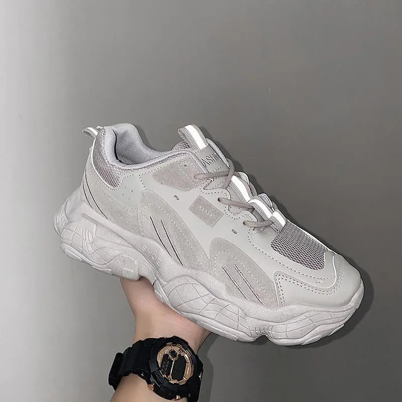Fashion vulcanized chunky sneakers for men women in black colour with PU mesh upper and rubber sole
