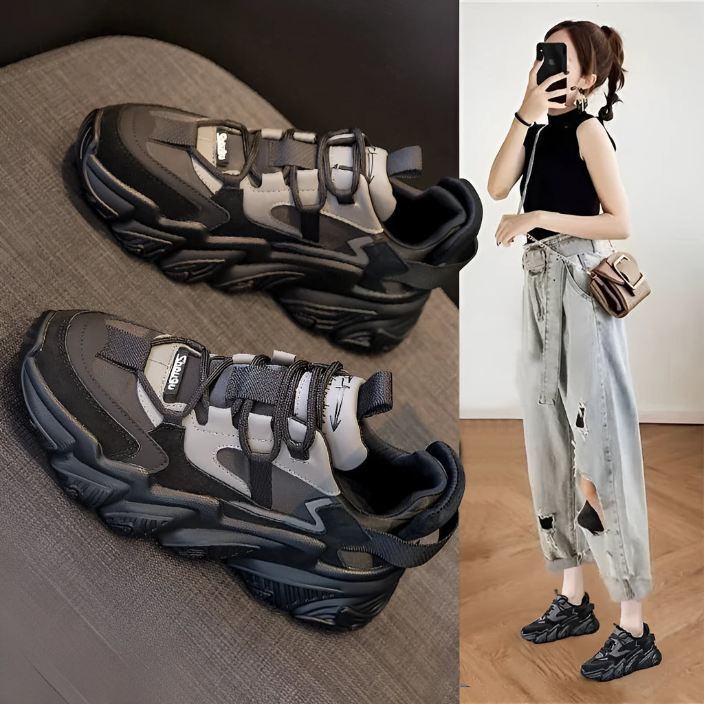 Women's black thick-sole sports casual shoes with round toe and cow leather upper