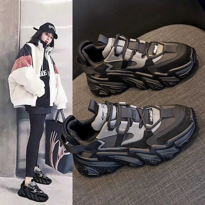 Women's black thick-sole sports casual shoes with round toe and cow leather upper