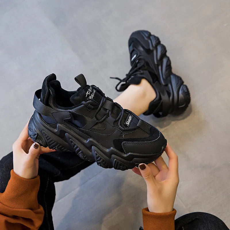 Women's black thick-sole sports casual shoes with round toe and cow leather upper