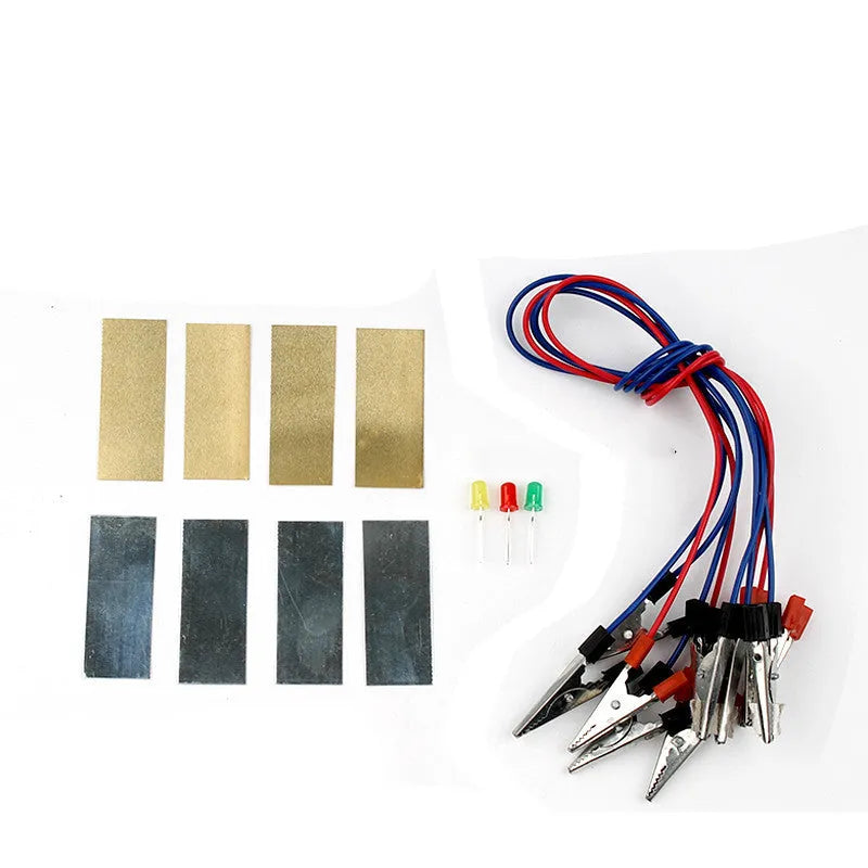 Zinc sheet and copper sheet electrode assembly for fruit battery science experiment