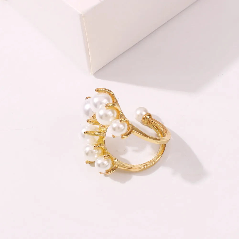 Fashion geometric pearl paved alloy ring in gold one size for women