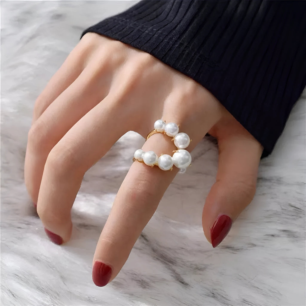 Fashion geometric pearl paved alloy ring in gold one size for women