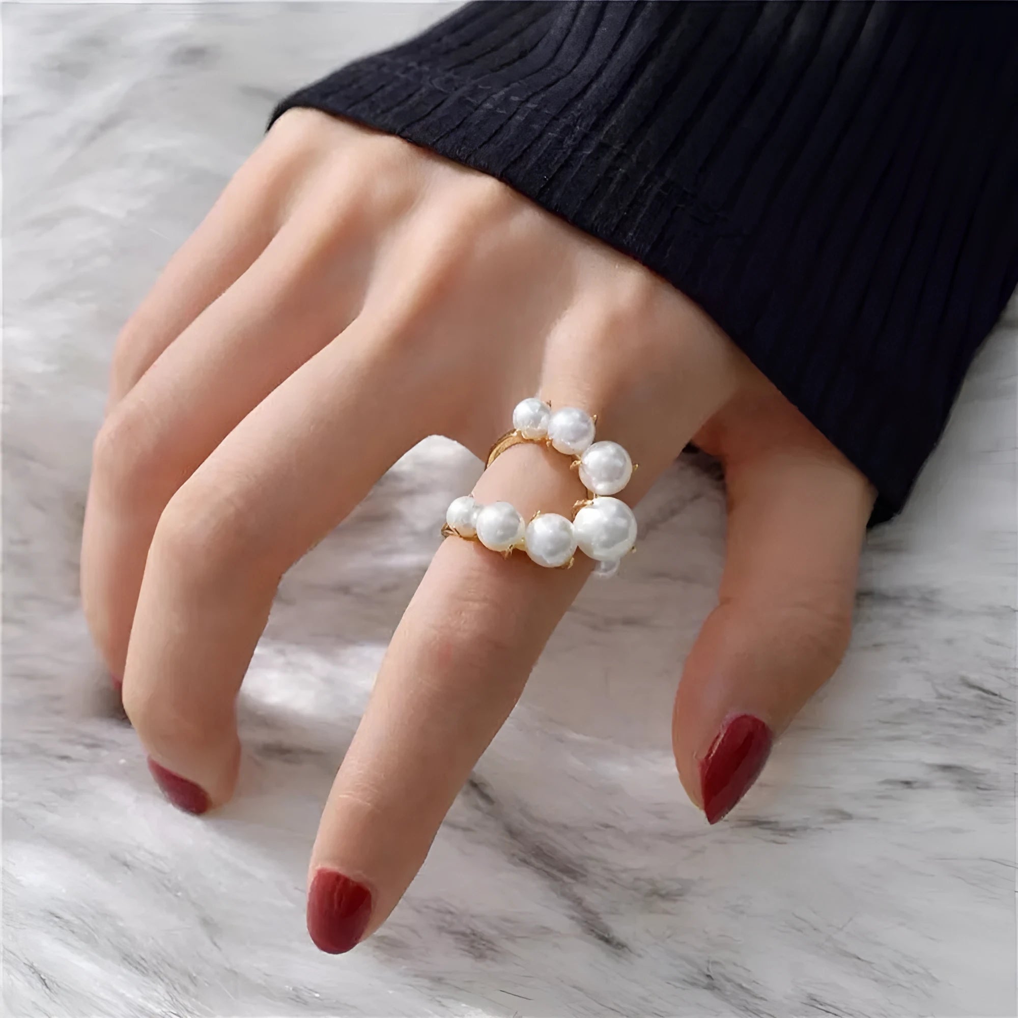 Fashion geometric pearl paved alloy ring in gold one size for women