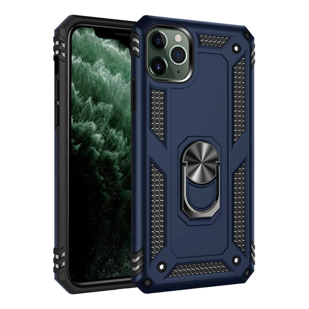 Apple iPhone case with integrated car phone holder mount in dark green colour showing front and back views