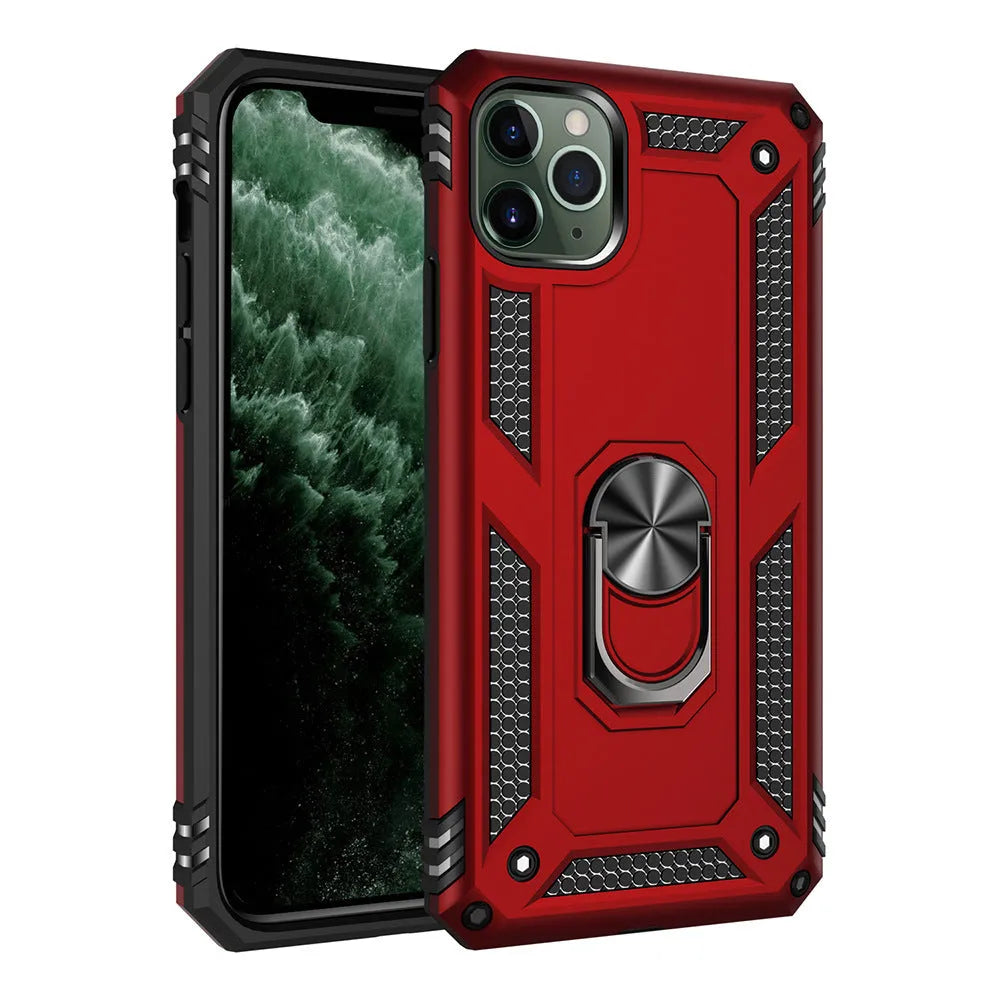 Apple iPhone case with integrated car phone holder mount in dark green colour showing front and back views